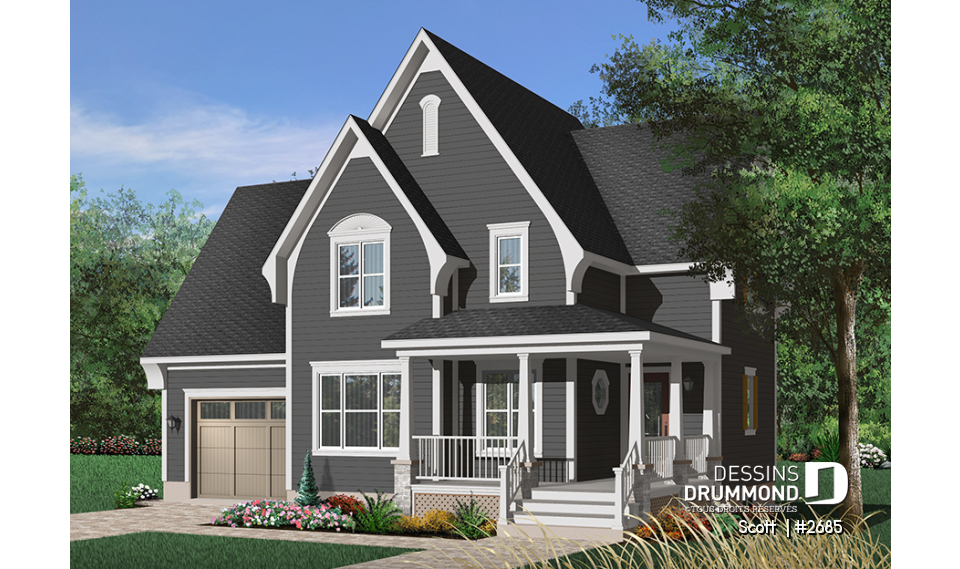 Version couleur no. 6 - Vue avant - Plan de maison Tudor 3 chambres, garage, espace remarquablement ouvert, buanderie, îlot - Scott 