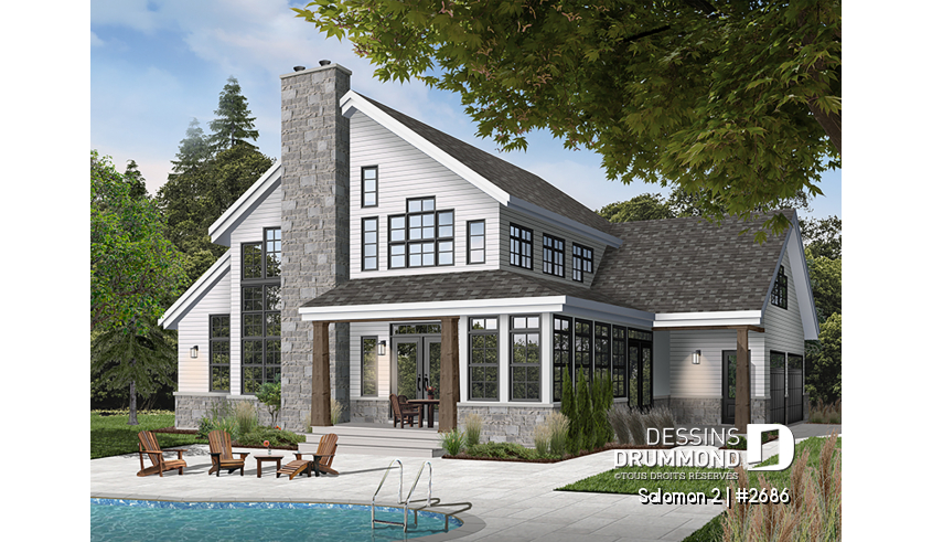 Vue arrière - MODÈLE DE BASE - Plan de maison Craftsman, 3 à 4 chambres, garage double, mezzanine + cathédral, bureau, grand espace boni - Salomon 2