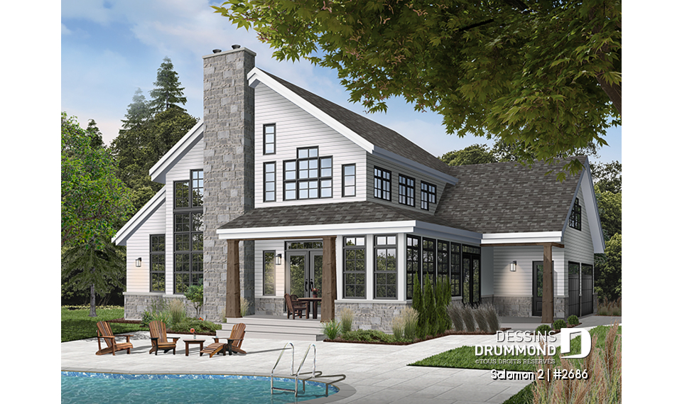 Vue arrière - MODÈLE DE BASE - Plan de maison Craftsman, 3 à 4 chambres, garage double, mezzanine + cathédral, bureau, grand espace boni - Salomon 2