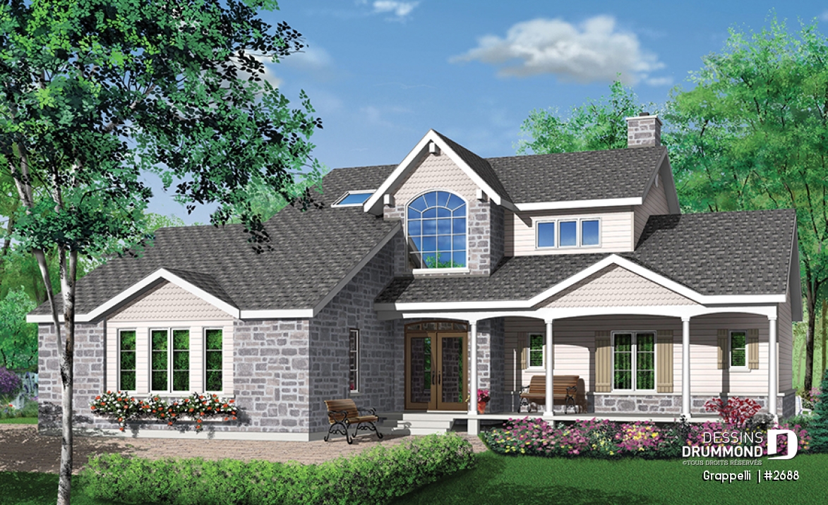 Vue avant - MODÈLE DE BASE - Plan de maison lumineuse, 3 à 4 chambres, garage double avec pièce boni, superbe tourelle, foyer - Grappelli 