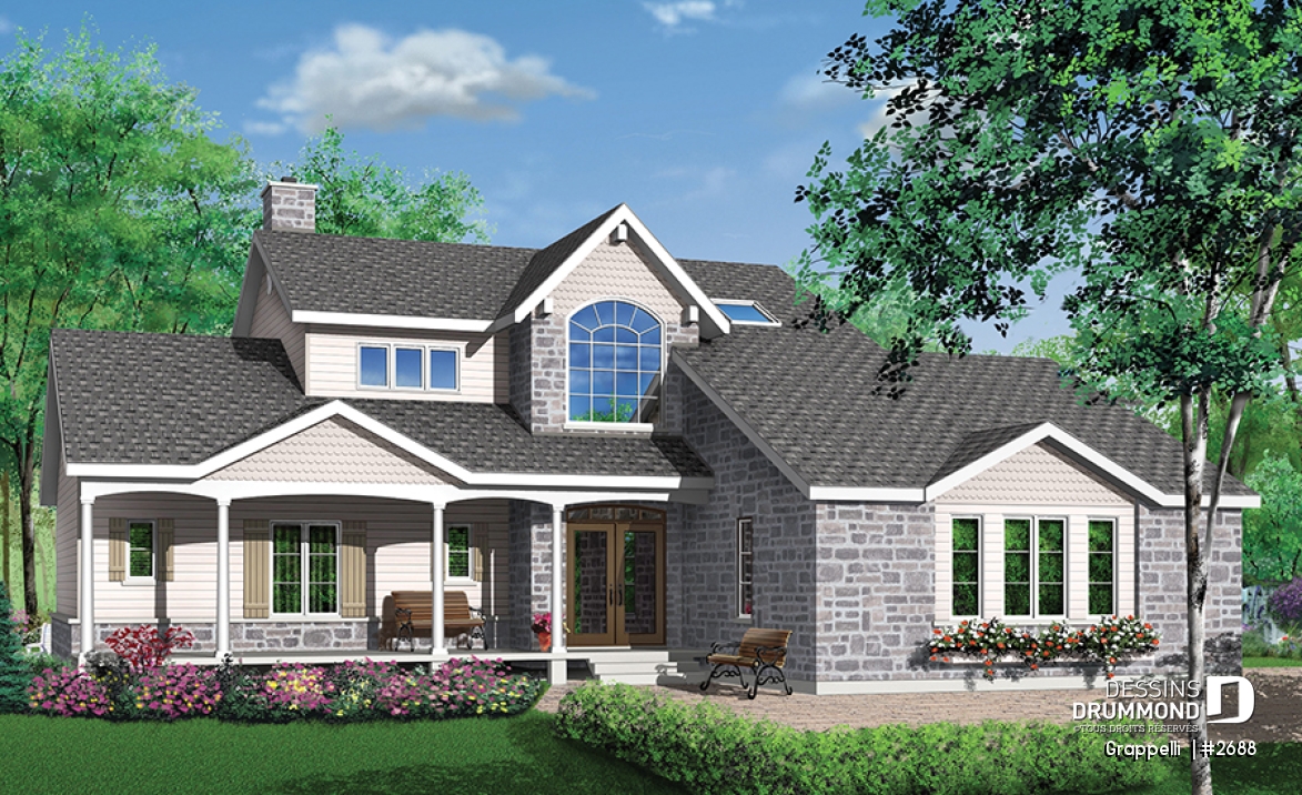 Vue avant - MODÈLE DE BASE - Plan de maison lumineuse, 3 à 4 chambres, garage double avec pièce boni, superbe tourelle, foyer - Grappelli 