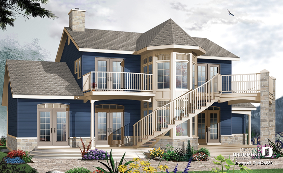 Vue arrière - MODÈLE DE BASE - Plan de maison avec vue panoramique, 3 à 4 chambres, champêtre avec grand espace boni, garage double - Grappelli 2