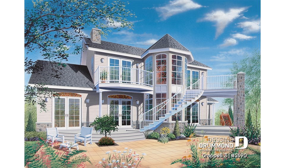 Vue arrière - MODÈLE DE BASE - Plan de maison champêtre, vue panoramique, planchers inversés, verrière, suite des maîtres avec terrasse - Grappelli 3