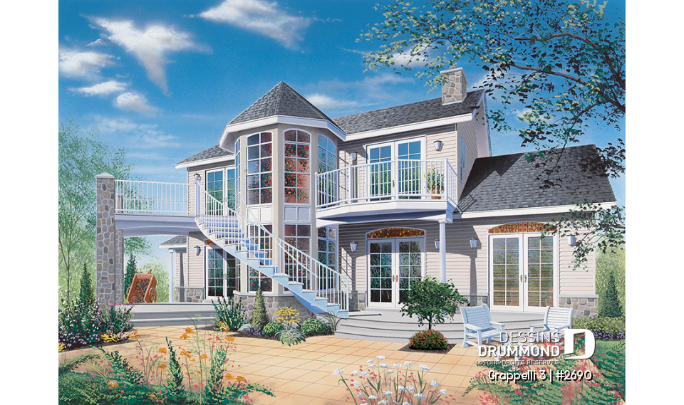 Vue arrière - MODÈLE DE BASE - Plan de maison champêtre, vue panoramique, planchers inversés, verrière, suite des maîtres avec terrasse - Grappelli 3