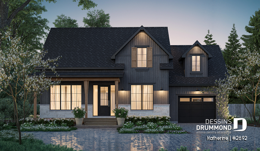Vue avant - MODÈLE DE BASE - Plan de maison Farmhouse Moderne proposant pierre Maibec Acenta Katherine, 3 chambres et garage - Katherine