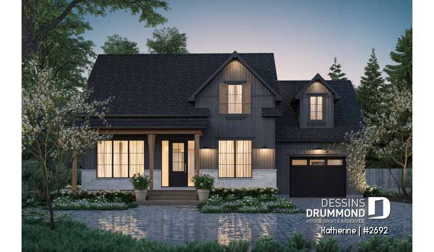 Vue avant - MODÈLE DE BASE - Plan de maison Farmhouse Moderne proposant pierre Maibec Acenta Katherine, 3 chambres et garage - Katherine