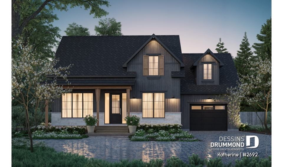 Vue avant - MODÈLE DE BASE - Plan de maison Farmhouse Moderne proposant pierre Maibec Acenta Katherine, 3 chambres et garage - Katherine