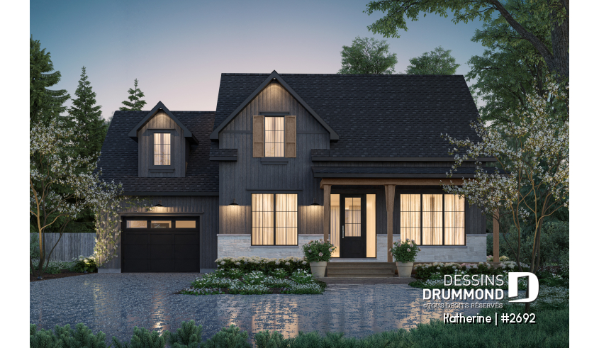 Vue avant - MODÈLE DE BASE du plan de maison unifamiliale 2692 Vue avant - MODÈLE DE BASE - Plan de maison Farmhouse Moderne proposant pierre Maibec Acenta Katherine, 3 chambres et garage - Katherine