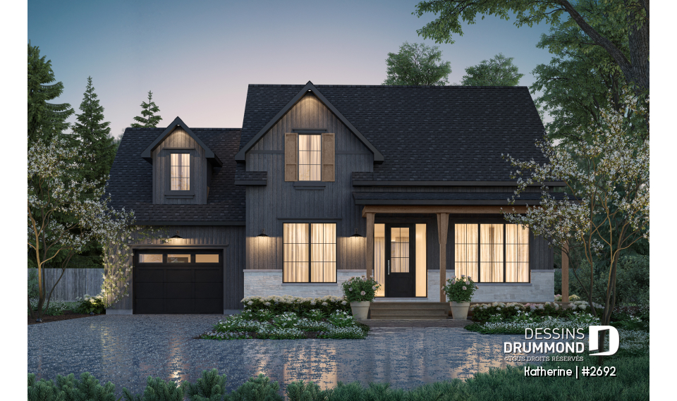 Vue avant - MODÈLE DE BASE - Plan de maison Farmhouse Moderne proposant pierre Maibec Acenta Katherine, 3 chambres et garage - Katherine