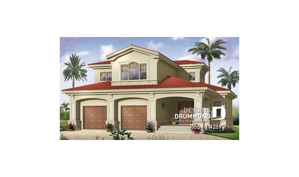 Vue avant - MODÈLE DE BASE - Maison de style méditerranéen, aire ouverte, foyer central, 3 chambre, garage double et bureau - Riopel