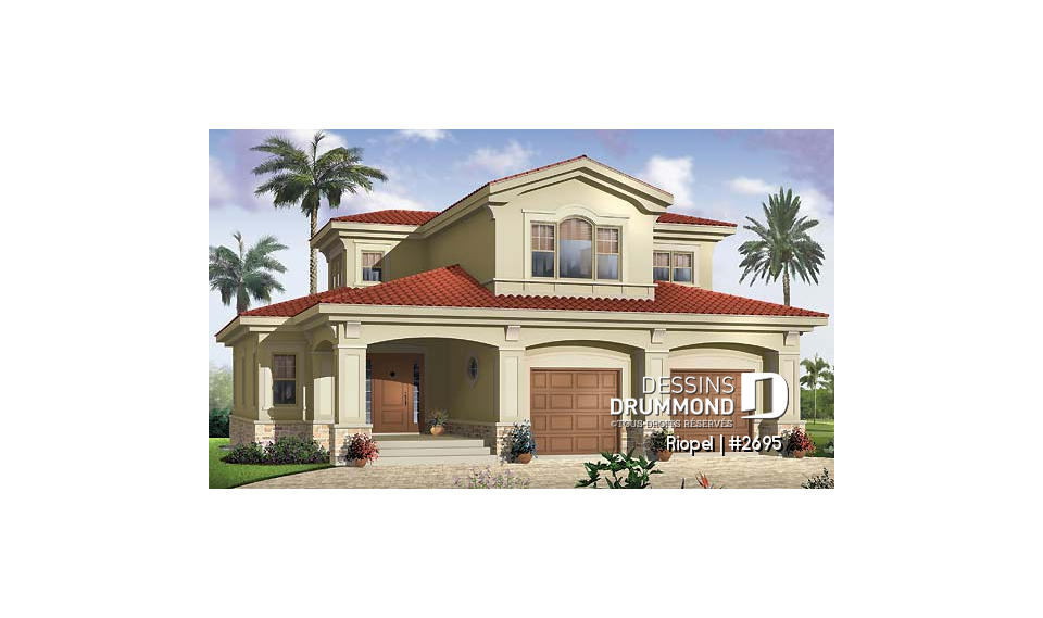 Vue avant - MODÈLE DE BASE - Maison de style méditerranéen, aire ouverte, foyer central, 3 chambre, garage double et bureau - Riopel