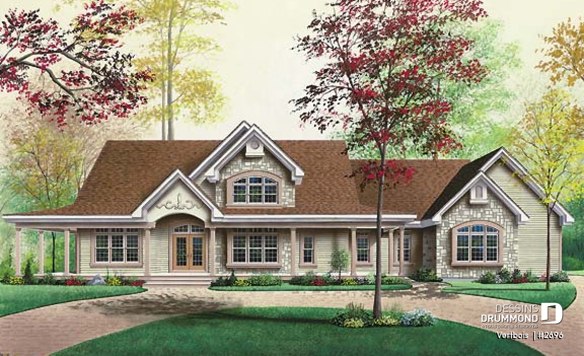 Vue avant - MODÈLE DE BASE - Maison de style ranch, 3 chambres, bureau à l'étage, coin déjeuner, garage triple - Vertbois 