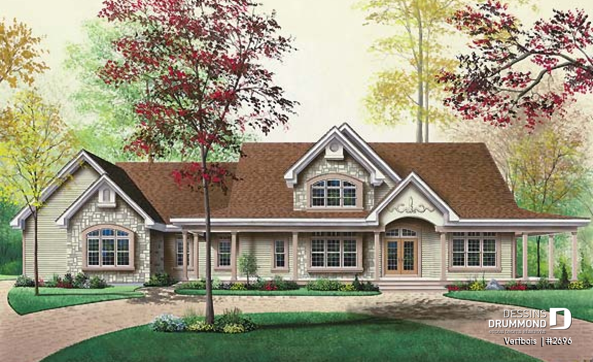 Vue avant - MODÈLE DE BASE - Maison de style ranch, 3 chambres, bureau à l'étage, coin déjeuner, garage triple - Vertbois 