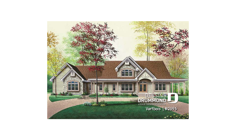 Vue avant - MODÈLE DE BASE - Maison de style ranch, 3 chambres, bureau à l'étage, coin déjeuner, garage triple - Vertbois 