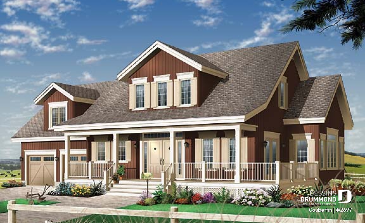 Vue avant - MODÈLE DE BASE - Plan de maison canadienne, 3 chambres, garage double, grand salon avec foyer, salle de télé ou bureau - Coubertin