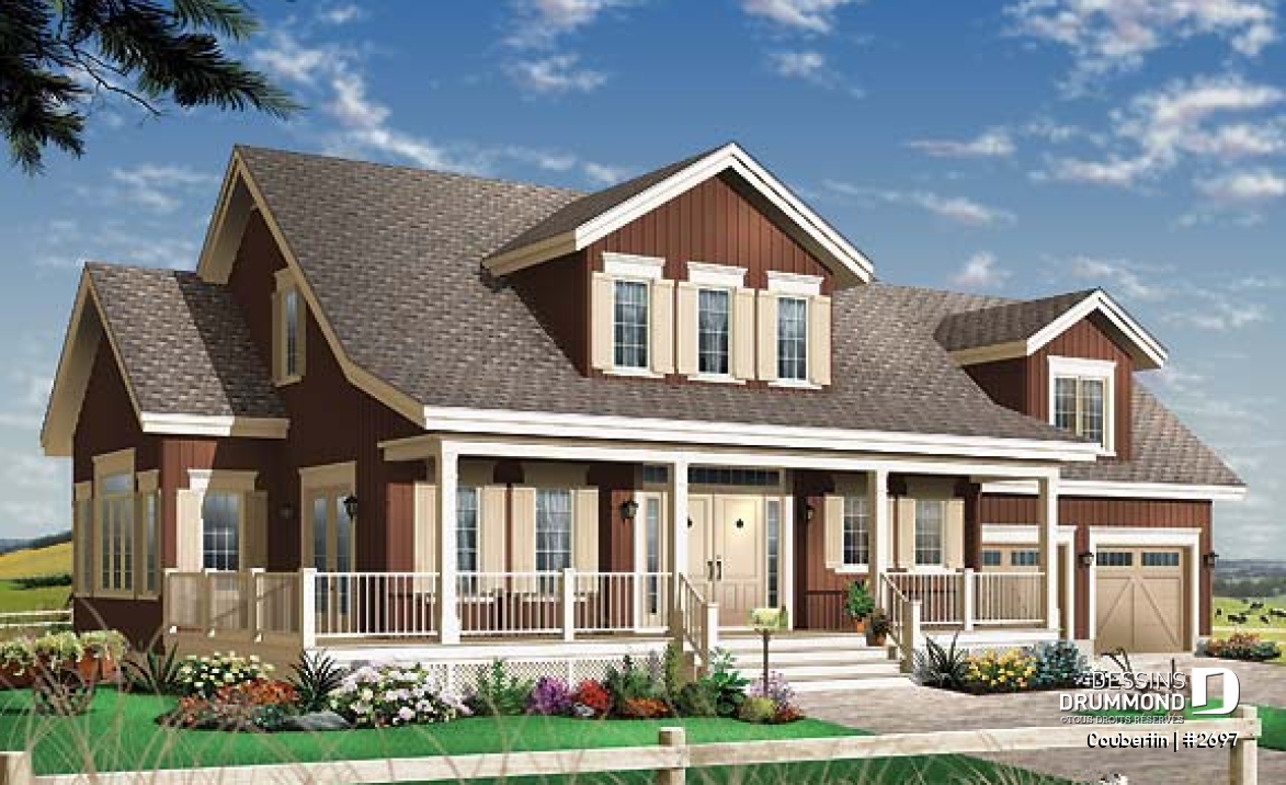 Vue avant - MODÈLE DE BASE - Plan de maison canadienne, 3 chambres, garage double, grand salon avec foyer, salle de télé ou bureau - Coubertin