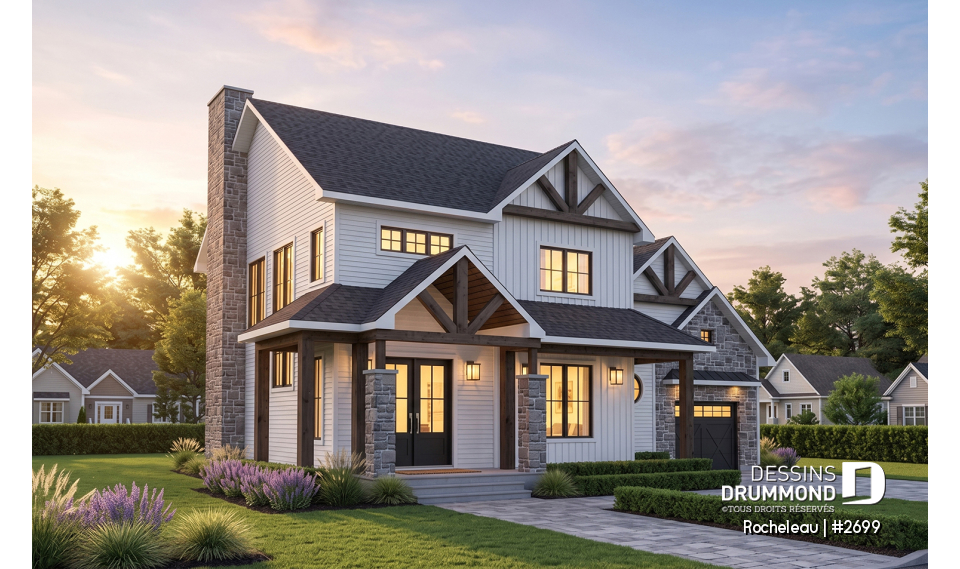 Vue avant - MODÈLE DE BASE - Maison à étage 2 à 4 chambres, garage, garde-manger, terrasse abritée, bureau, sous-sol aménagé optionnel ($) - Rocheleau