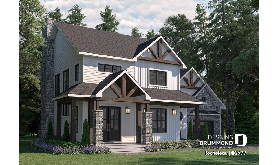 Vue avant - MODÈLE DE BASE - Maison à étage 2 à 4 chambres, garage, garde-manger, terrasse abritée, bureau, sous-sol aménagé optionnel ($) - Rocheleau