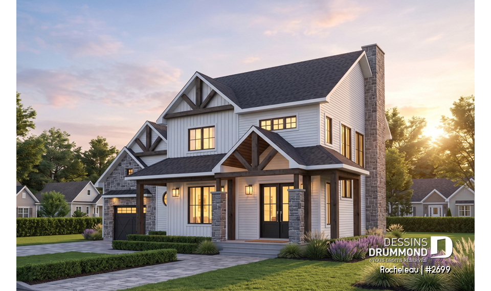 Vue avant - MODÈLE DE BASE - Maison à étage 2 à 4 chambres, garage, garde-manger, terrasse abritée, bureau, sous-sol aménagé optionnel ($) - Rocheleau