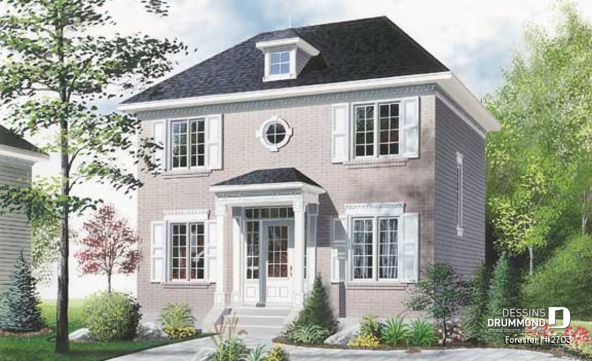Vue avant - MODÈLE DE BASE - Plan de maison style Européen à étages, 3 chambres, extérieur classique, éviers doubles - Forester
