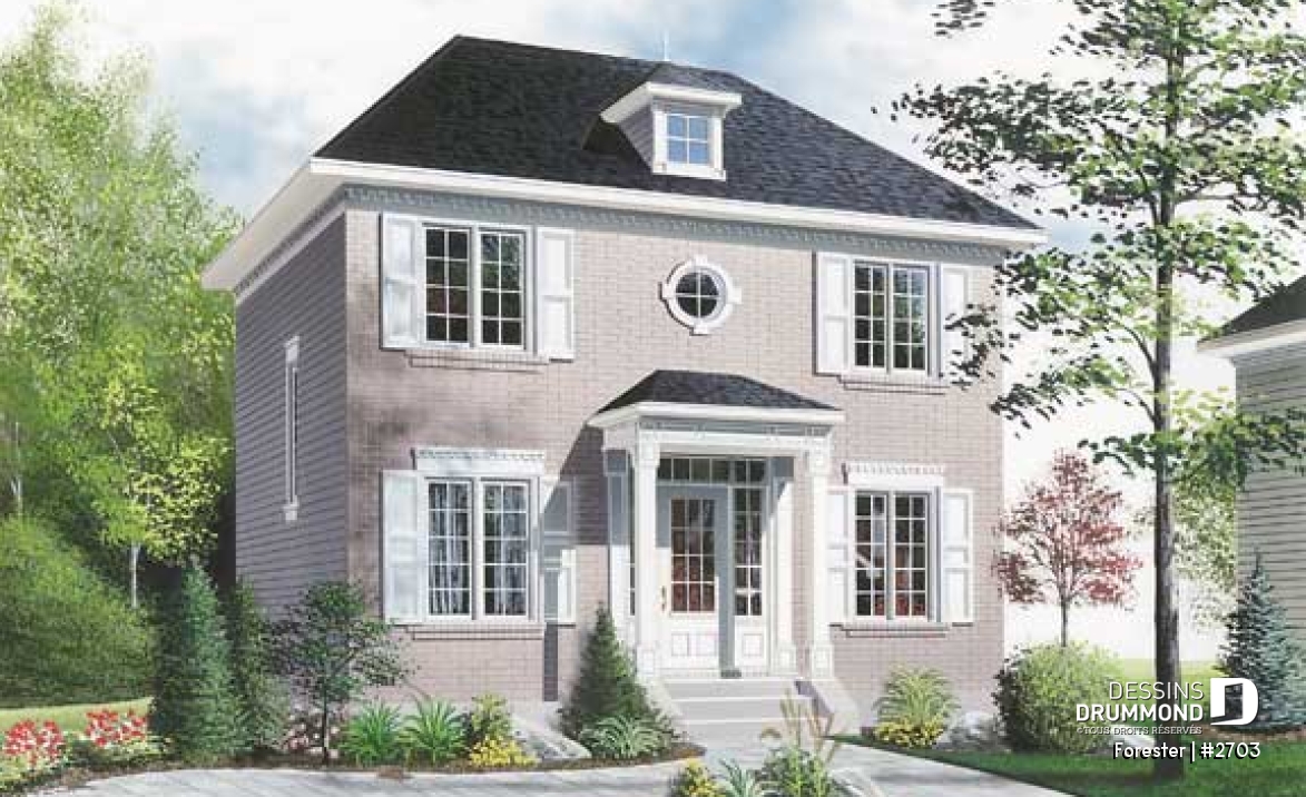 Vue avant - MODÈLE DE BASE - Plan de maison style Européen à étages, 3 chambres, extérieur classique, éviers doubles - Forester
