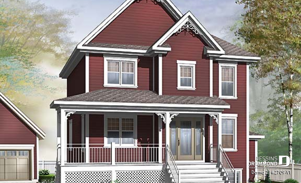 Vue avant - MODÈLE DE BASE - Plan de maison avec appartement au sous-sol, 3 chambres au logement principal, bureau, buanderie étage - Darma 2