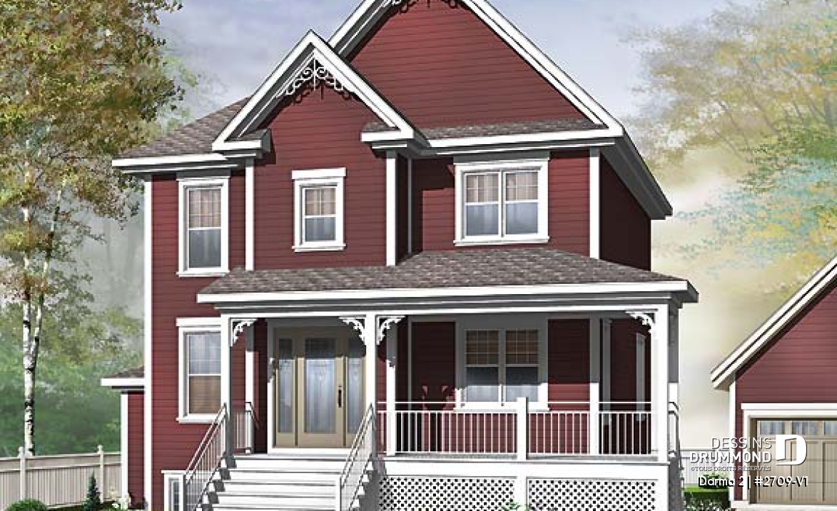 Vue avant - MODÈLE DE BASE - Plan de maison avec appartement au sous-sol, 3 chambres au logement principal, bureau, buanderie étage - Darma 2