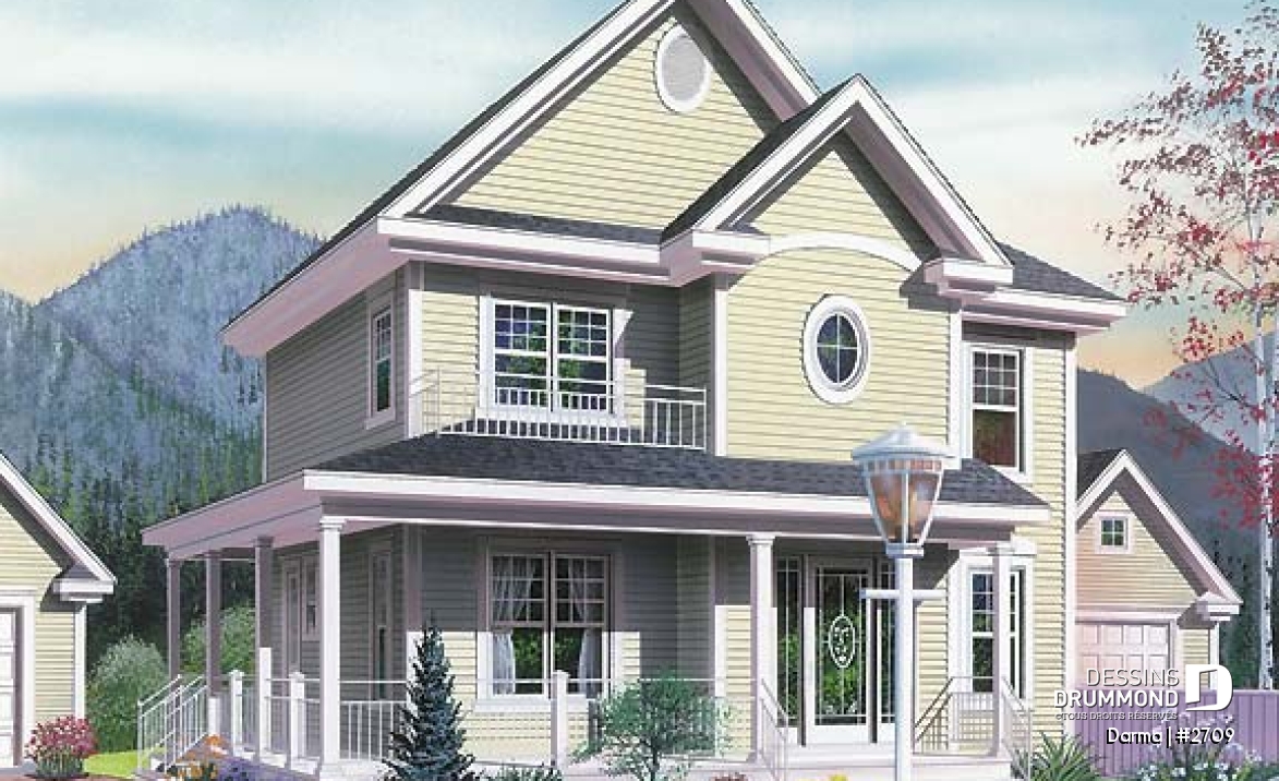 Vue avant - MODÈLE DE BASE - Plan de maison traditionnelle, à étage, grand balcon couvert avant/côté, 3 chambres, bureau à domicile - Darma