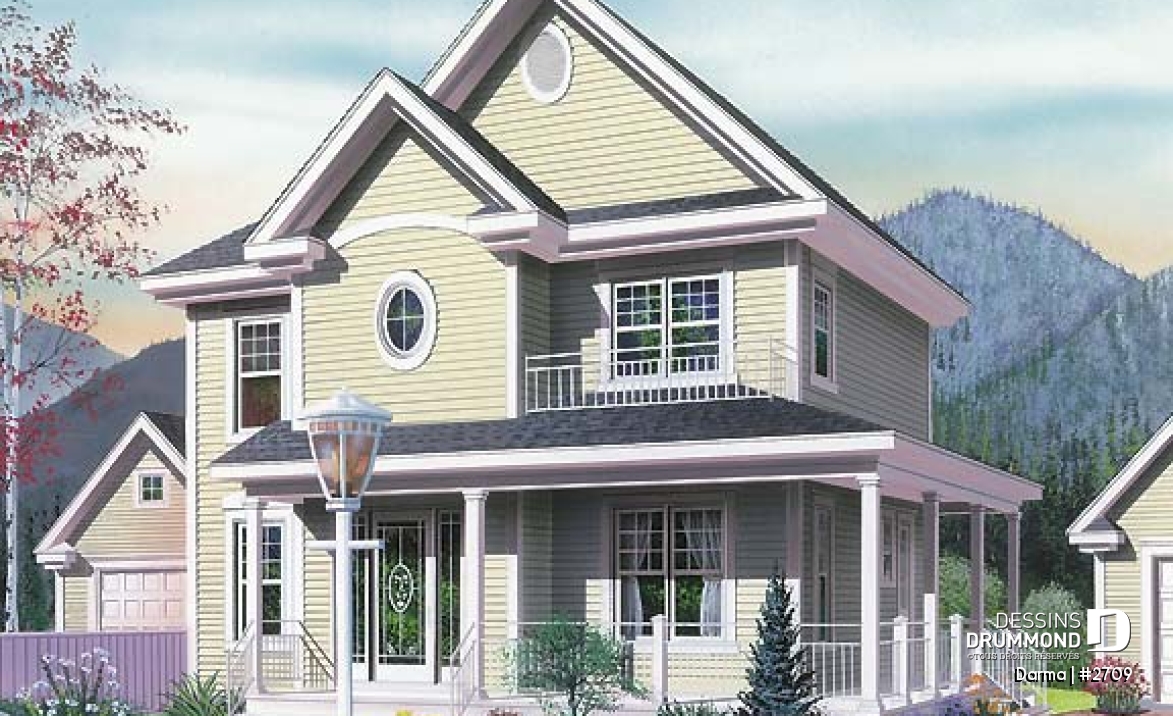 Vue avant - MODÈLE DE BASE - Plan de maison traditionnelle, à étage, grand balcon couvert avant/côté, 3 chambres, bureau à domicile - Darma