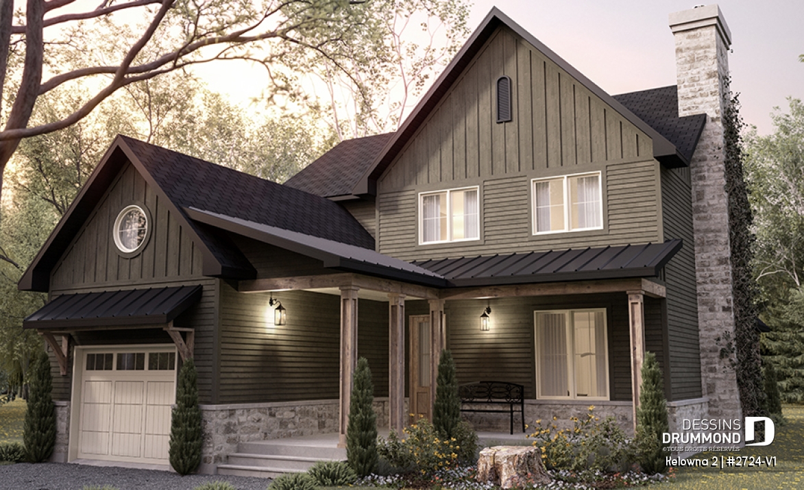 Vue avant - MODÈLE DE BASE - Modèle de maison champêtre 4 à 5 chambres, garage, bureau, terrasse abritée et belle suite des parents - Kelowna 2