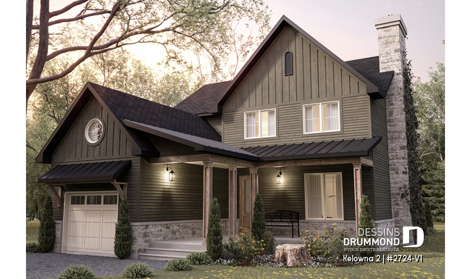 Vue avant - MODÈLE DE BASE - Modèle de maison champêtre 4 à 5 chambres, garage, bureau, terrasse abritée et belle suite des parents - Kelowna 2