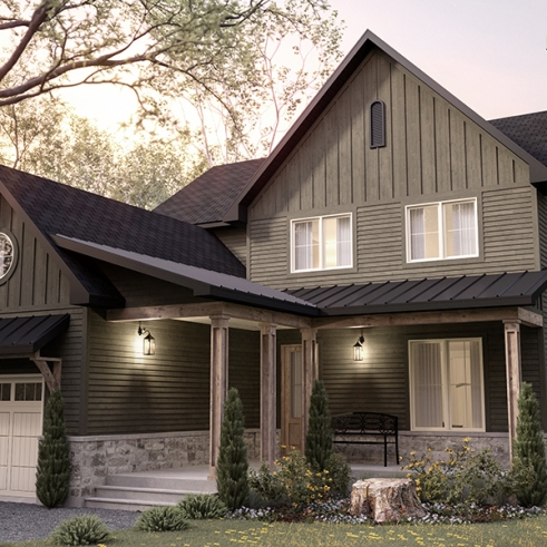 Vue avant - MODÈLE DE BASE - Modèle de maison champêtre 4 à 5 chambres, garage, bureau, terrasse abritée et belle suite des parents - Kelowna 2