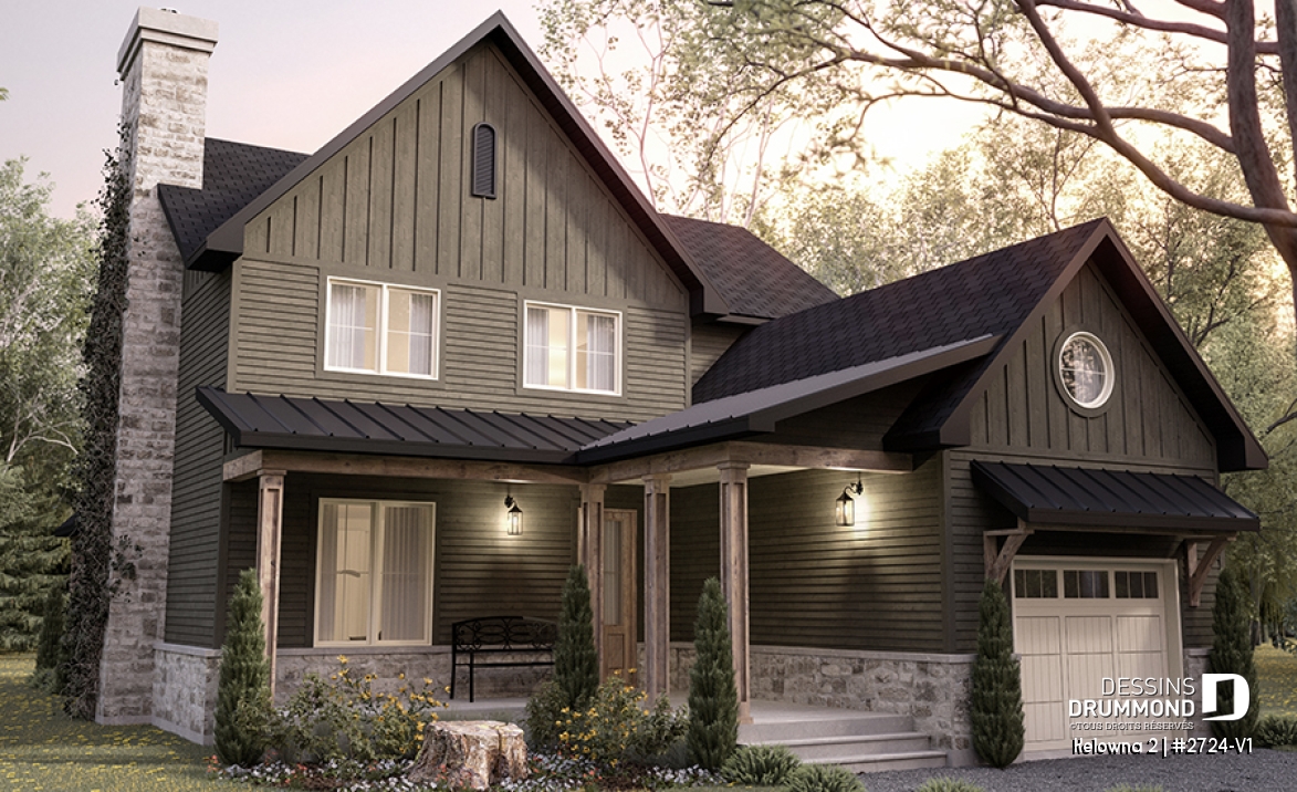 Vue avant - MODÈLE DE BASE - Modèle de maison champêtre 4 à 5 chambres, garage, bureau, terrasse abritée et belle suite des parents - Kelowna 2