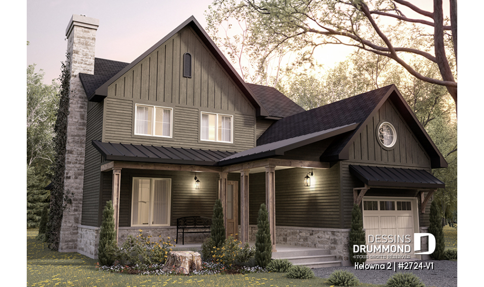 Vue avant - MODÈLE DE BASE - Modèle de maison champêtre 4 à 5 chambres, garage, bureau, terrasse abritée et belle suite des parents - Kelowna 2