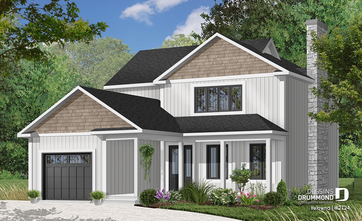 Version couleur no. 6 - Vue avant - Maison pour terrain étroit, garage avec accès par la buanderie, 3 grandes chambres, grand salon avec foyer - Kelowna