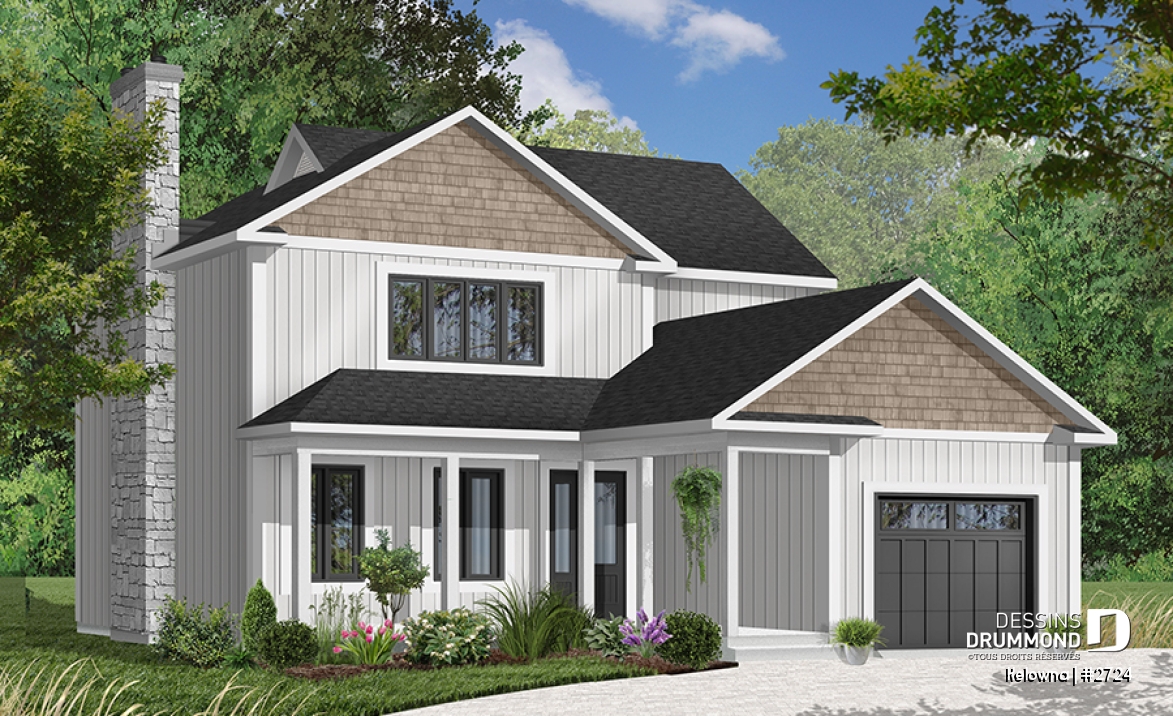 Version couleur no. 6 - Vue avant - Maison pour terrain étroit, garage avec accès par la buanderie, 3 grandes chambres, grand salon avec foyer - Kelowna