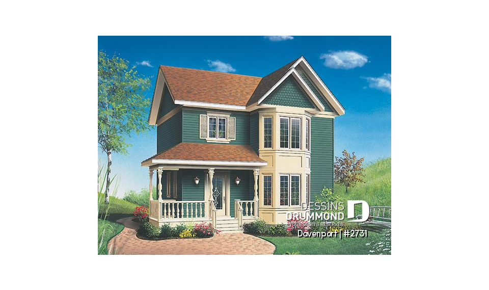 Vue avant - MODÈLE DE BASE - Plan de maison à étages, 3 chambres, fenestration abondante, cuisine avec îlot - Davenport