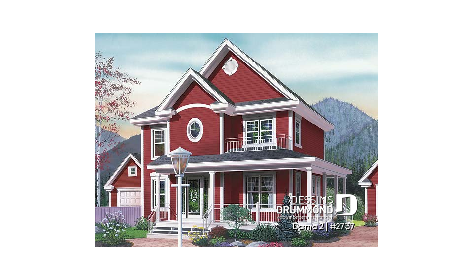 Vue avant - MODÈLE DE BASE - Modèle de plan champêtre, 3 chambres, fenestration abondante, cuisine avec îlot, coin bureau à l'étage - Darma 2