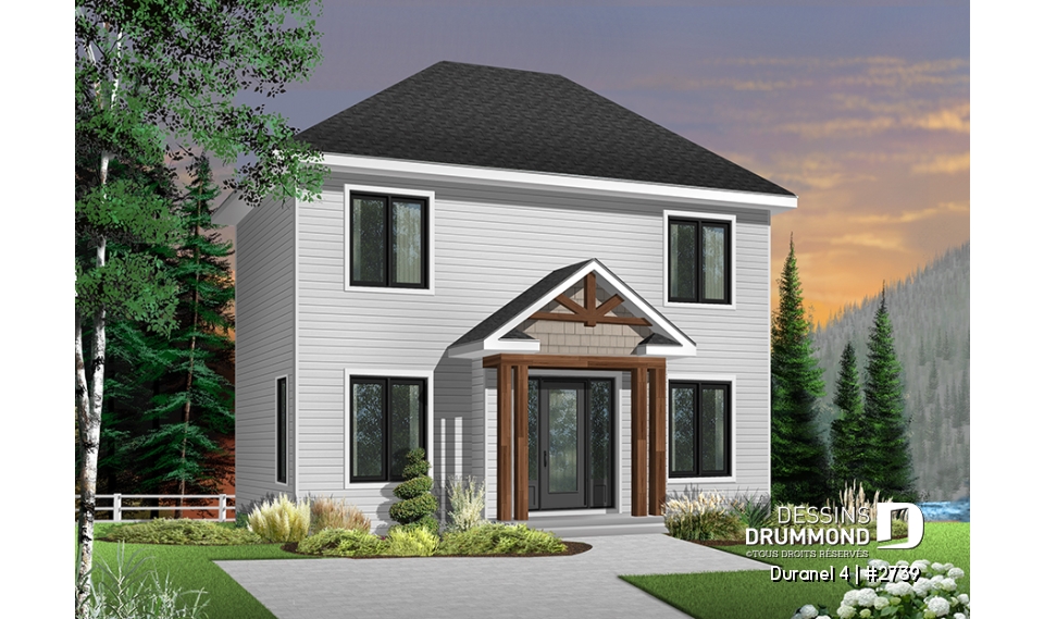 Vue avant - MODÈLE DE BASE - Plan de maison transitionnelle, cuisine avec comptoir-lunch, buanderie au r-d-c, 3 chambres, économique  - Duranel 4