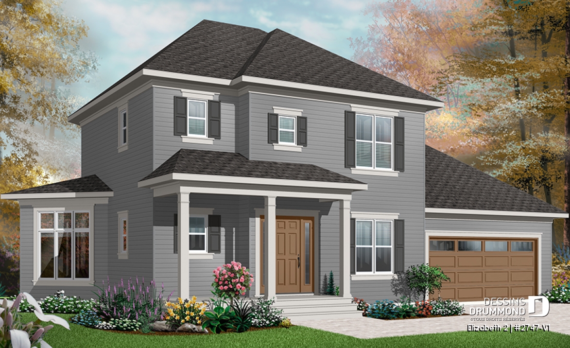 Vue avant - MODÈLE DE BASE - Plan de maison de style colonial, 3 chambres, grande salle de séjour à aire ouverte, garage double - Elizabeth 2