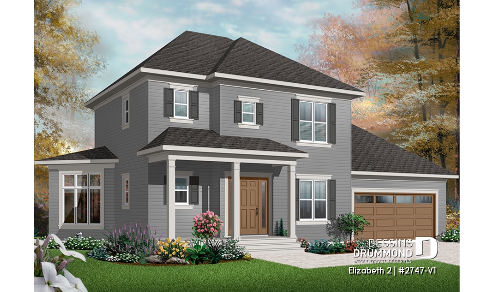 Vue avant - MODÈLE DE BASE - Plan de maison de style colonial, 3 chambres, grande salle de séjour à aire ouverte, garage double - Elizabeth 2