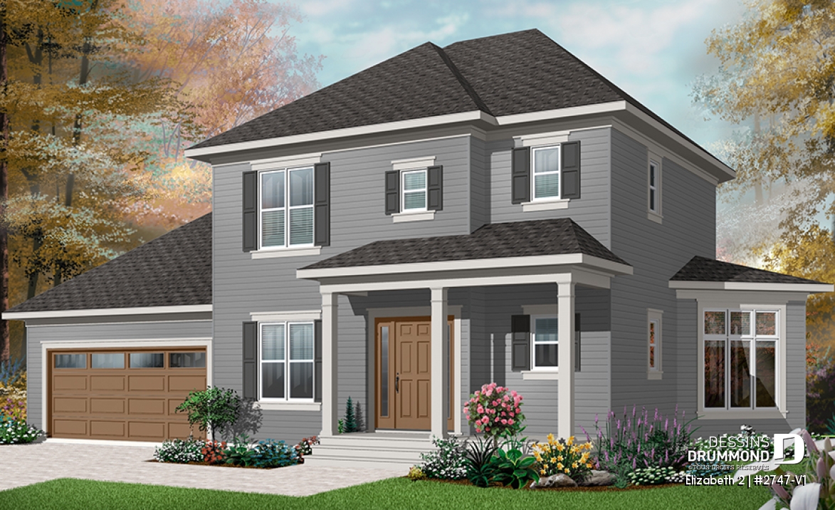 Vue avant - MODÈLE DE BASE - Plan de maison de style colonial, 3 chambres, grande salle de séjour à aire ouverte, garage double - Elizabeth 2