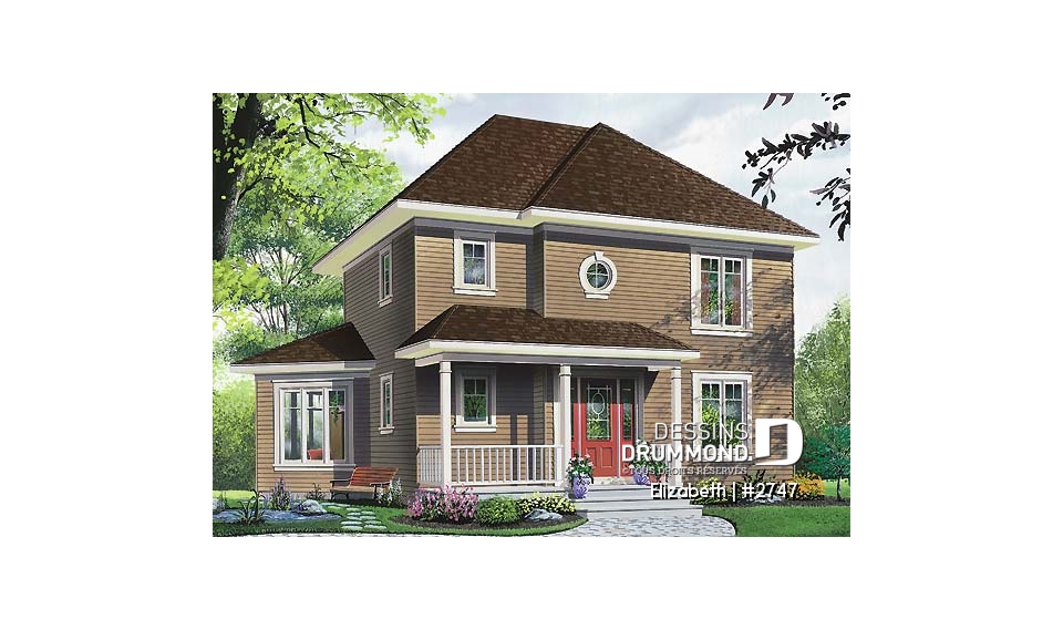 Vue avant - MODÈLE DE BASE - Plan de maison à étage, 3 chambres, bureau ou salle de jeux, superbe secteur familial fenestration abondante - Elizabeth