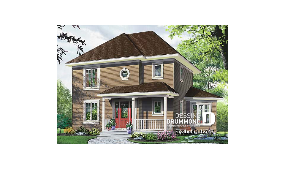Vue avant - MODÈLE DE BASE - Plan de maison à étage, 3 chambres, bureau ou salle de jeux, superbe secteur familial fenestration abondante - Elizabeth