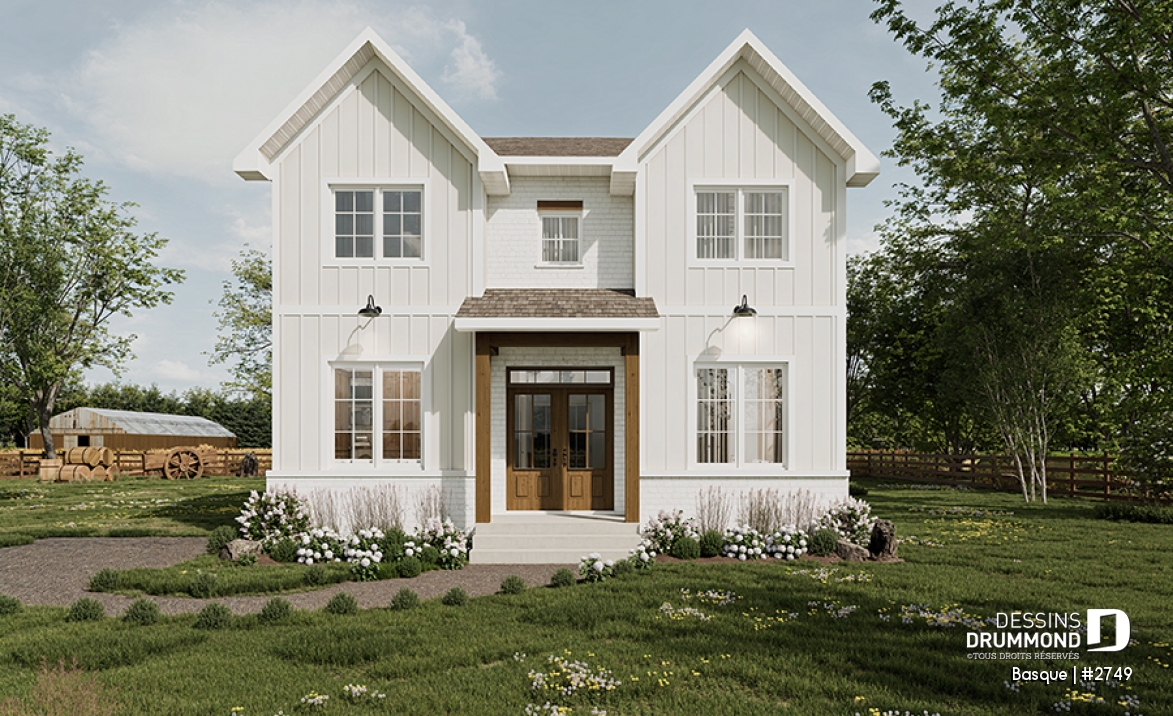 Vue avant - MODÈLE DE BASE - Maison Farmhouse moderne et lumineuse avec foyer au gaz, 4 chambres incluant superbe suite des parents - Basque