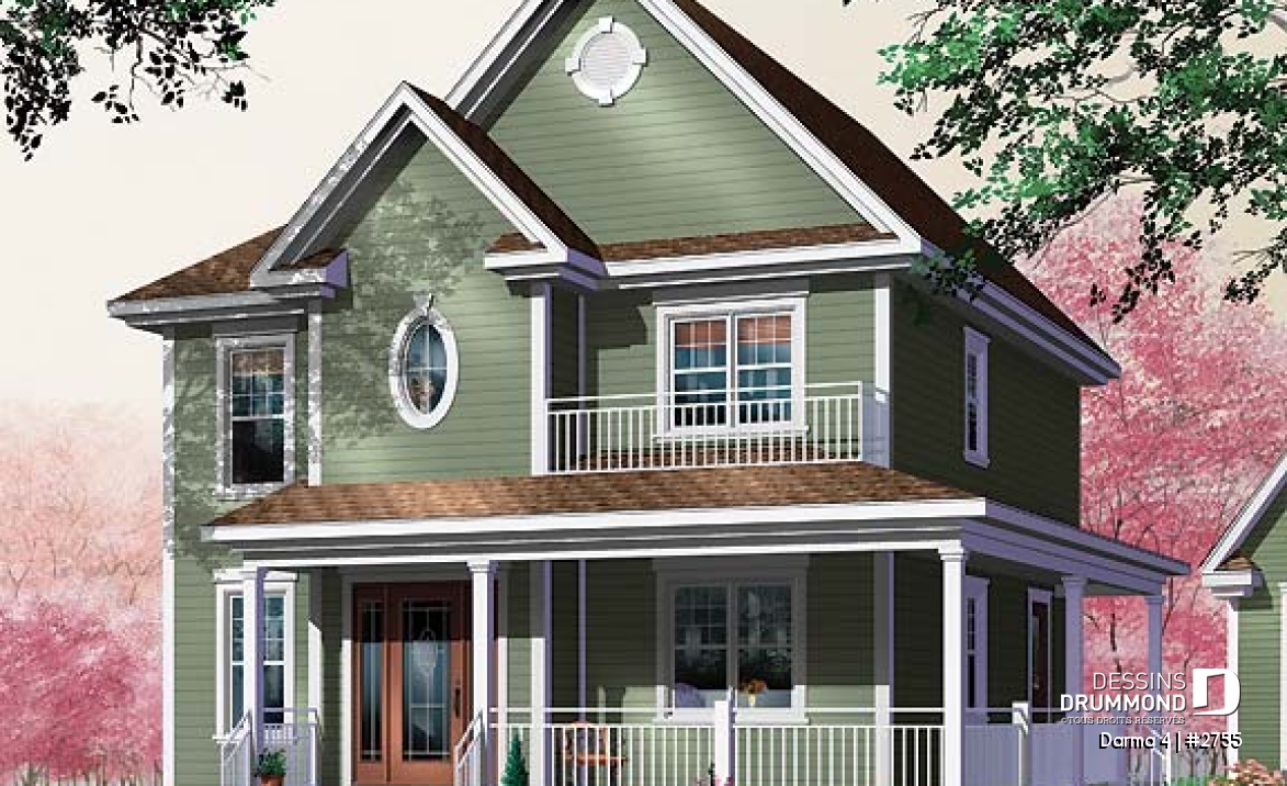 Vue avant - MODÈLE DE BASE - Plan de maison champêtre américaine, 3 chambres, espace ouvert avec foyer mitoyen - Darma 4