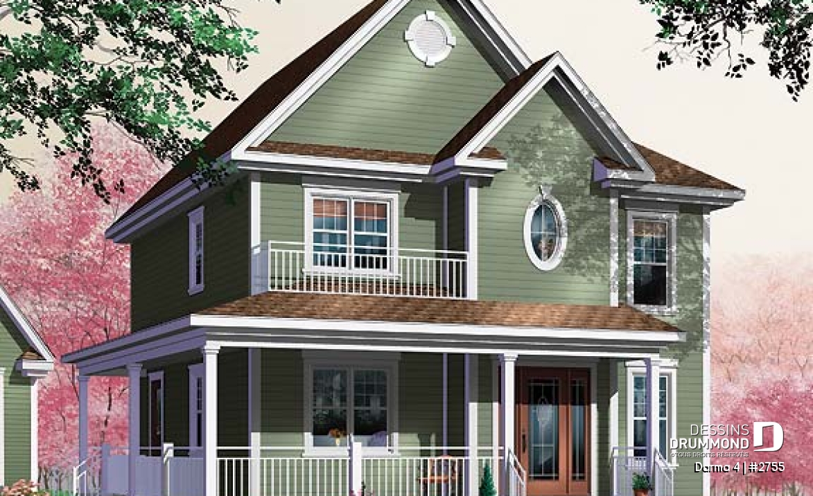 Vue avant - MODÈLE DE BASE - Plan de maison champêtre américaine, 3 chambres, espace ouvert avec foyer mitoyen - Darma 4