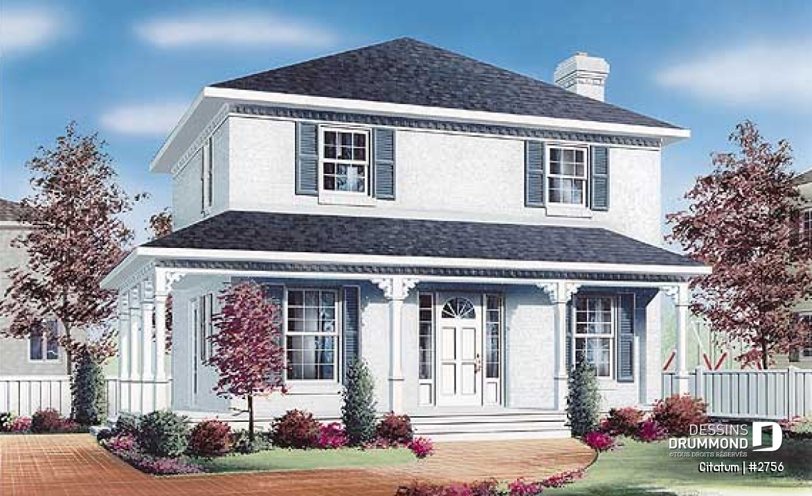 Vue avant - MODÈLE DE BASE - Maison à étage de style anglais, grande cuisine avec îlot, aire ouverte, 3 chambres, 2 walk-in, buanderie - Citatum