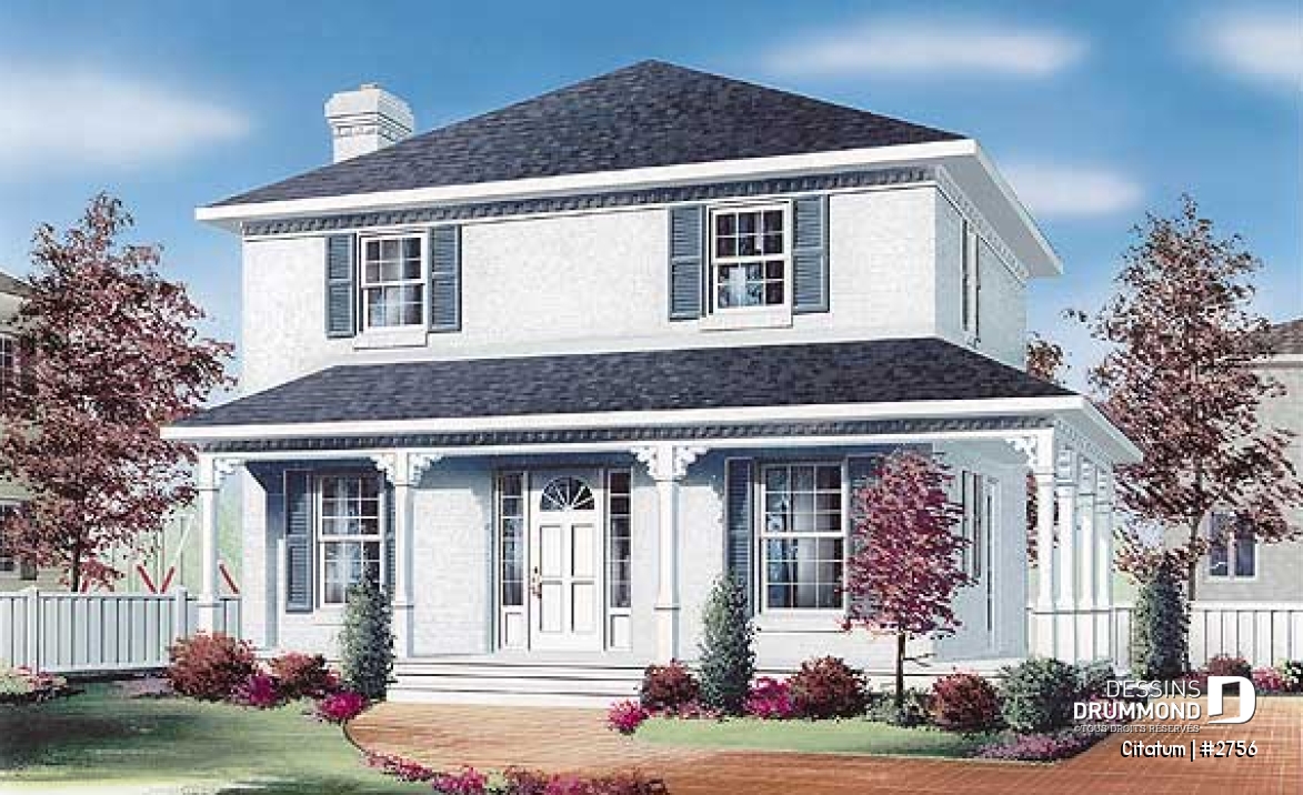 Vue avant - MODÈLE DE BASE - Maison à étage de style anglais, grande cuisine avec îlot, aire ouverte, 3 chambres, 2 walk-in, buanderie - Citatum
