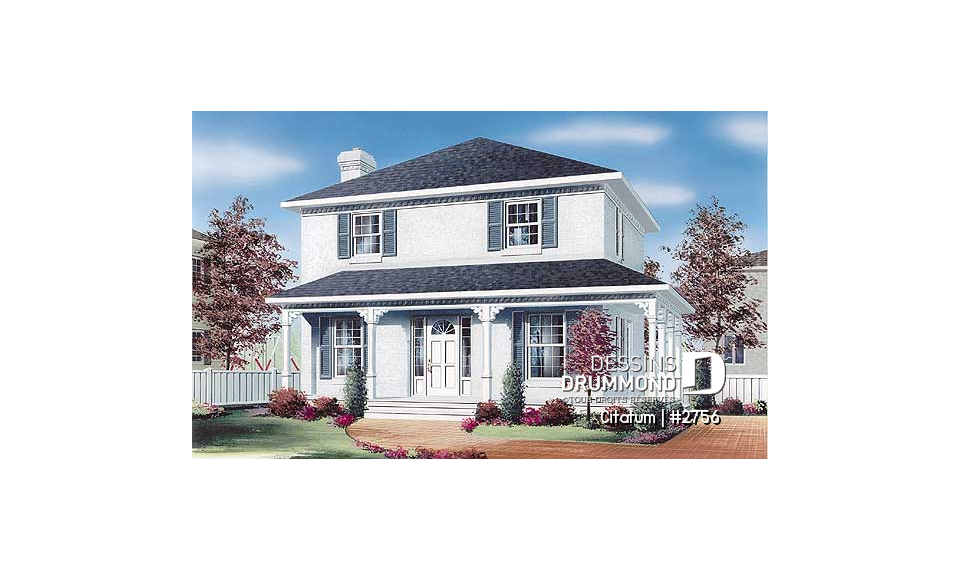 Vue avant - MODÈLE DE BASE - Maison à étage de style anglais, grande cuisine avec îlot, aire ouverte, 3 chambres, 2 walk-in, buanderie - Citatum